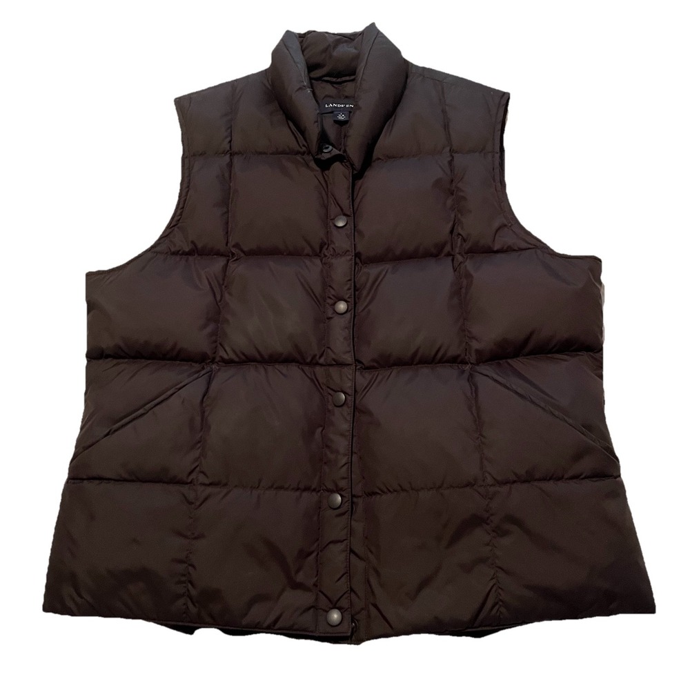 Land's End Black Down Filled Puffer Vest Women's L (14-16) Pockets Snaps